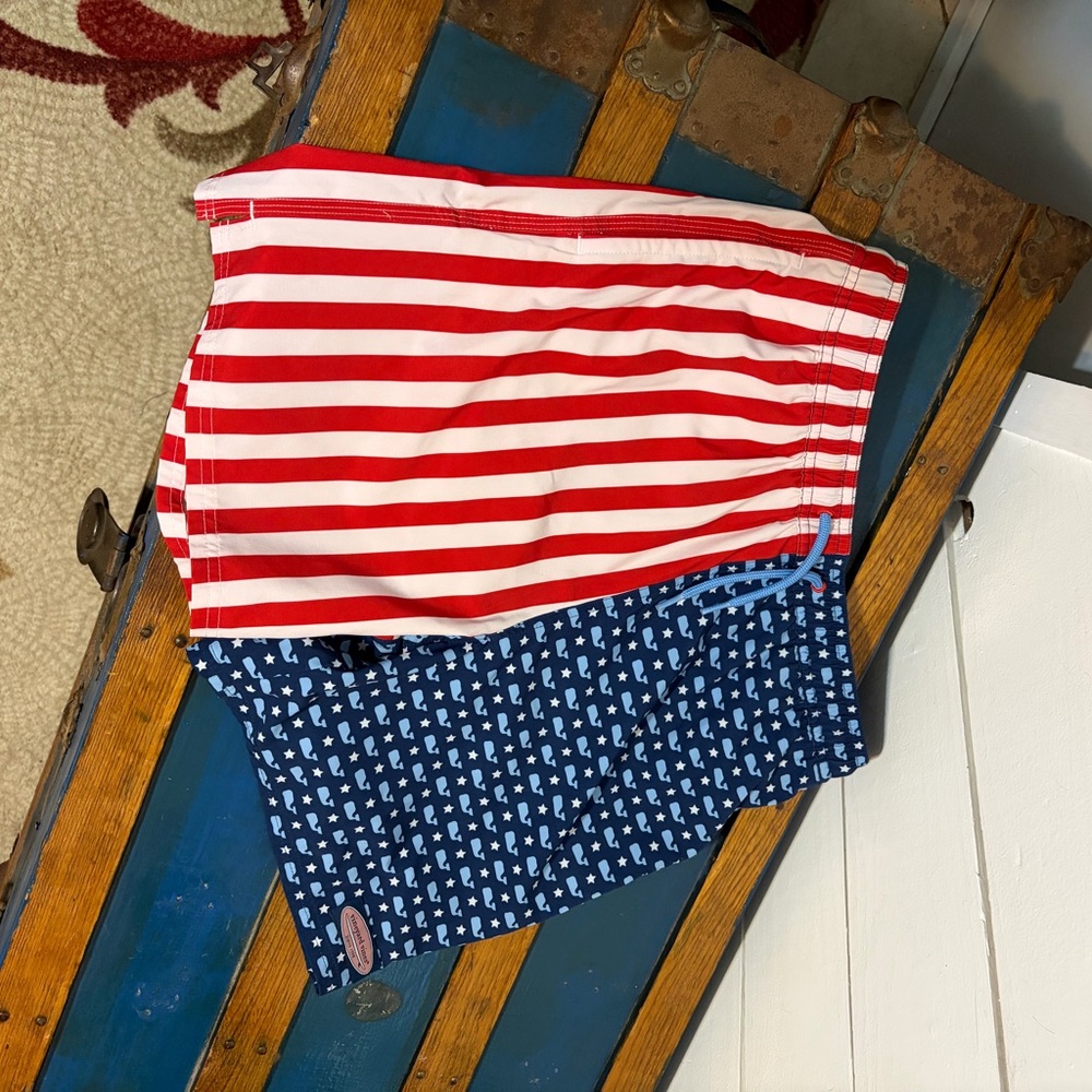 Vineyard Vines Red and Blue Kids Swim Trunks with Whale Pattern